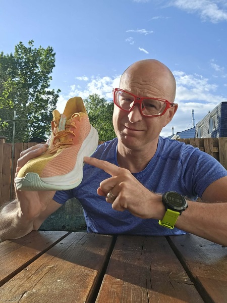 Noel Pointing at the shoe midsole foam Noel Pointing at the shoe midsole foam